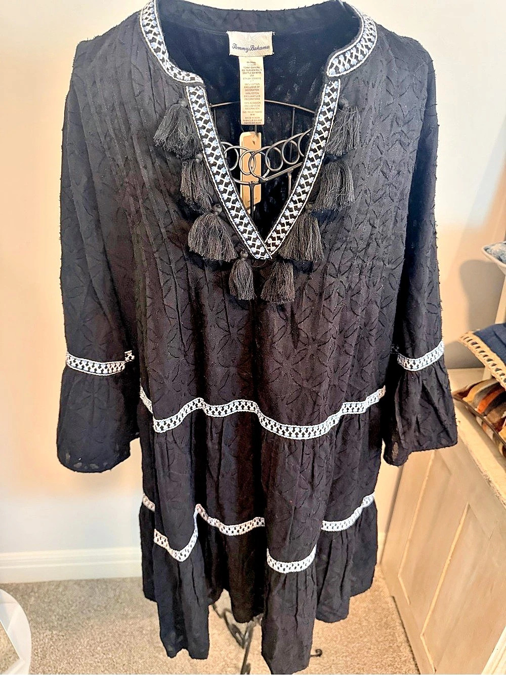 Tommy Bahama Cotton Clip Emb Tier Dress Black Cotton Mini Dress Size Medium NWT